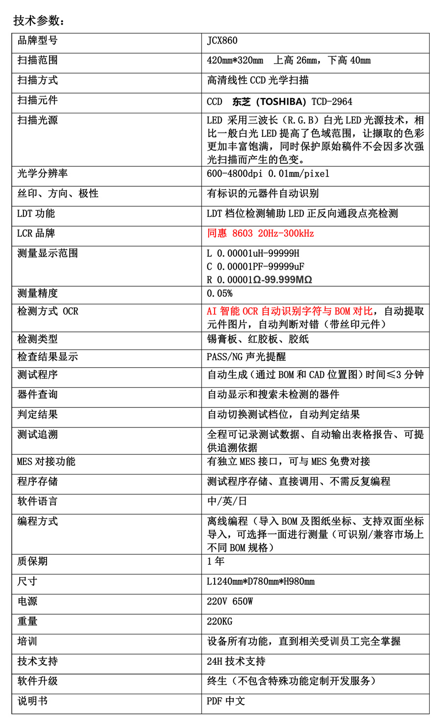 SMT首件測試儀JCX860技術參數(shù)